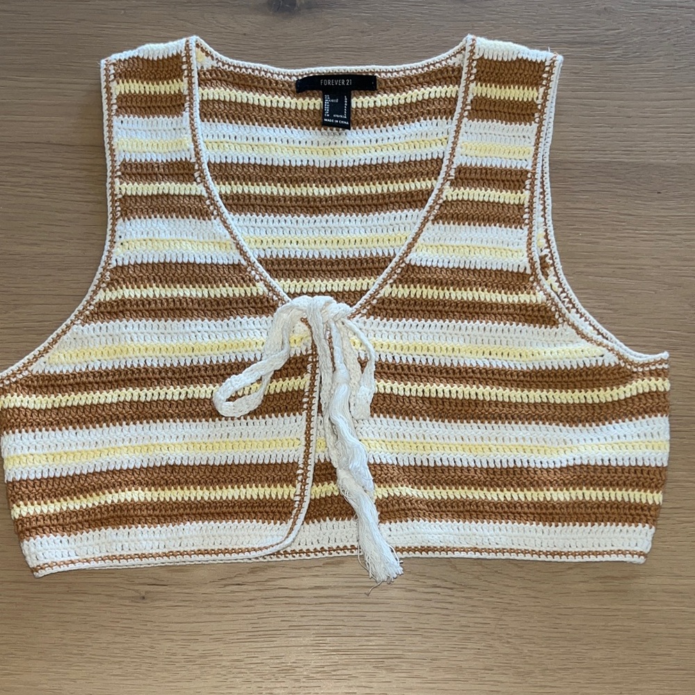 Brown and Cream Crochet Tie-Front Crop Top